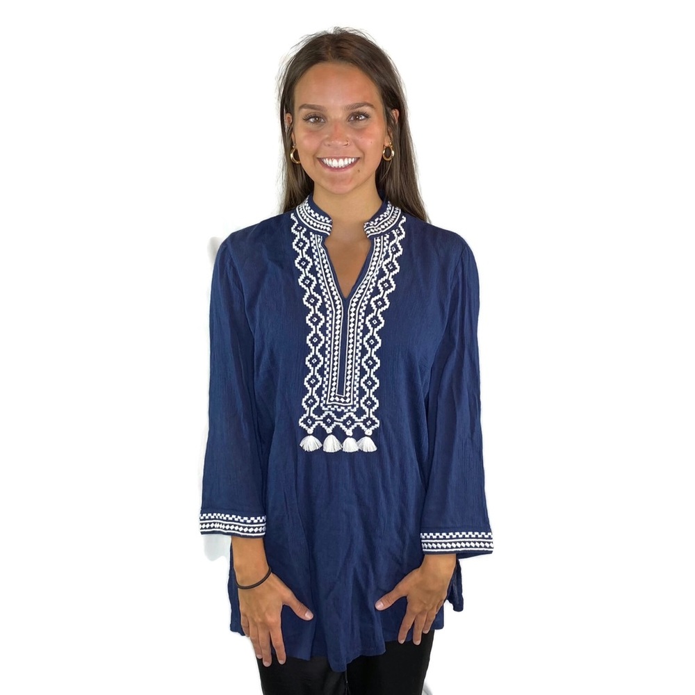Charter Club Navy Boho Embroidered Tunic NWOT Small